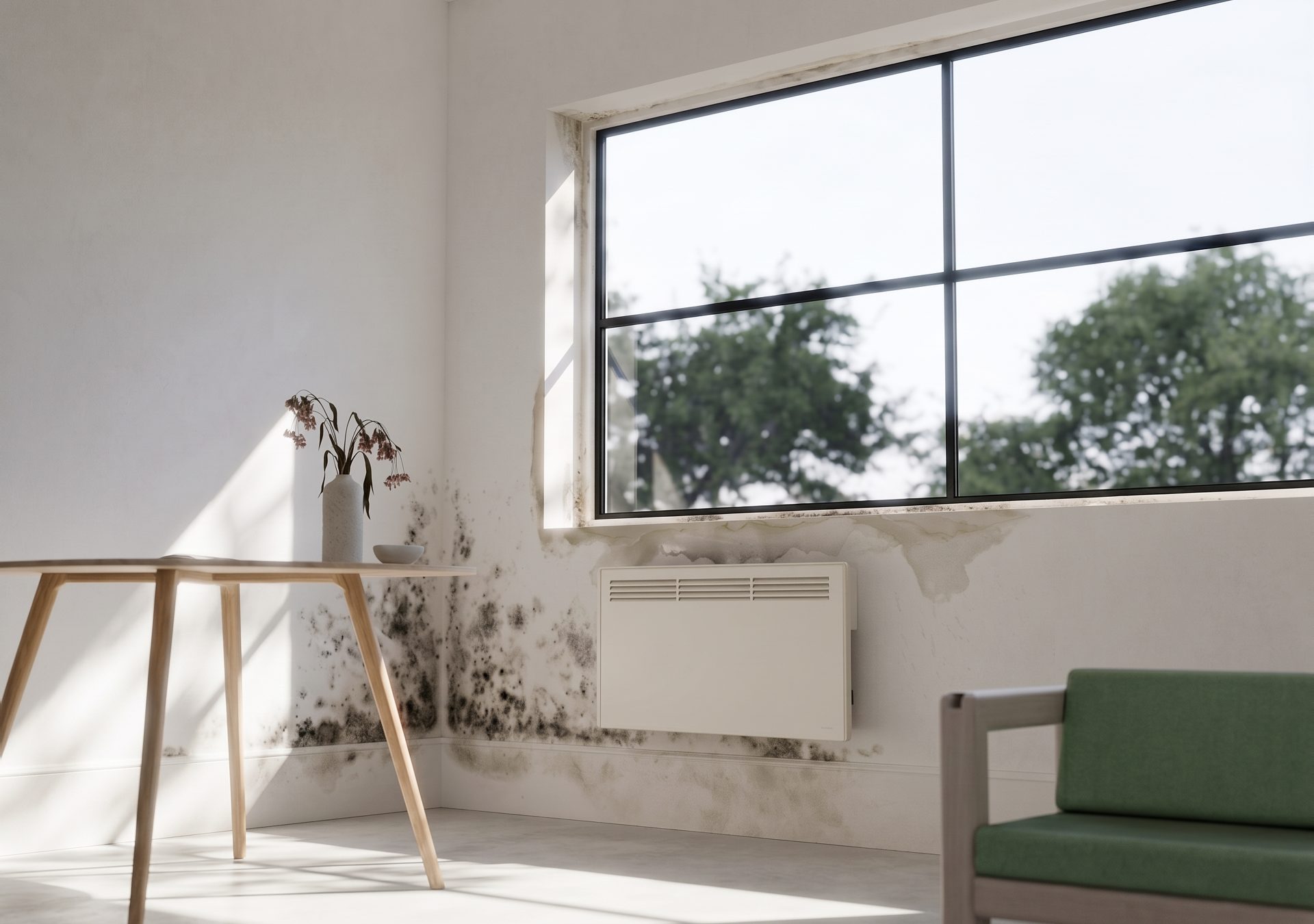 The old way — mould and damp around an electric panel heater