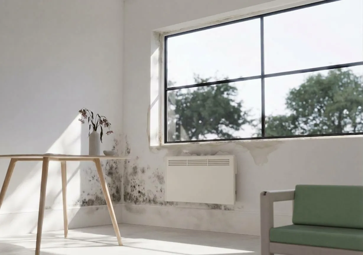 The old way — mould and damp around an electric panel heater